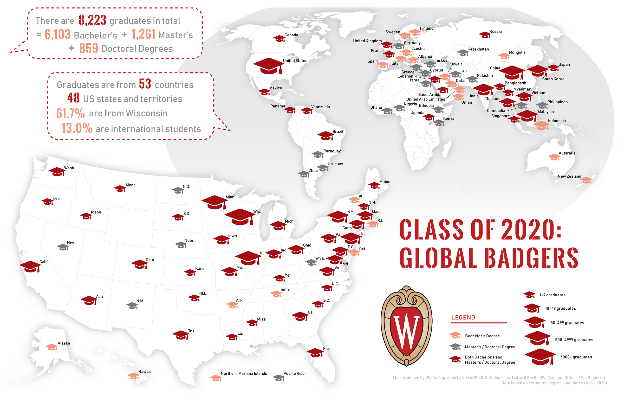 A map-based infographic showing the geographic distribution of members of the class of 2020. 