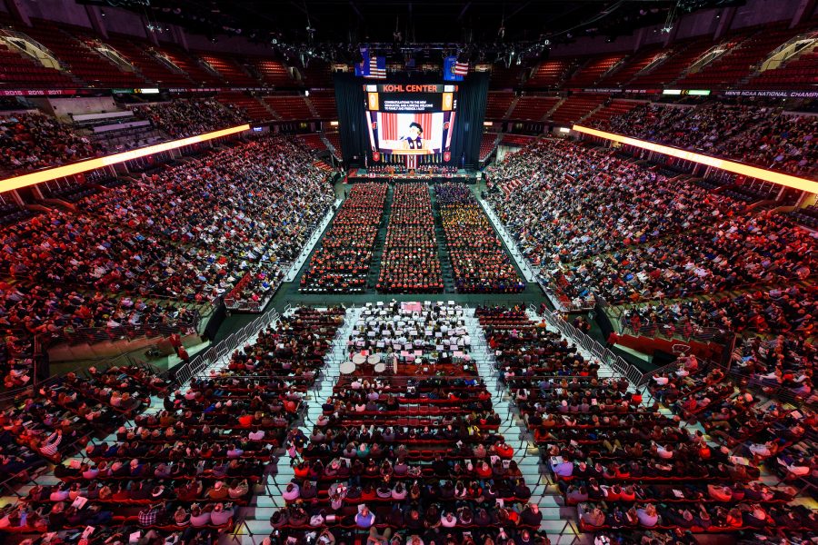Kohl Center filled with graduates and audience members.