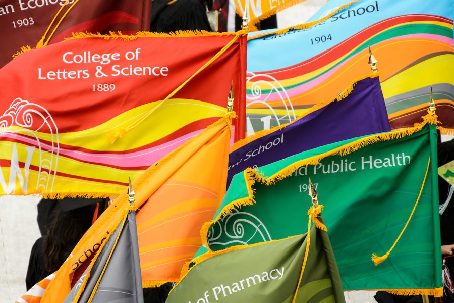 Colorful, assorted school and college banners