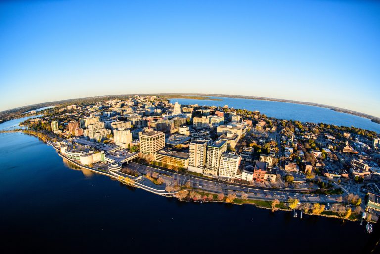 Aerial view of downtown Madison Isthmus and Wisconsin State Capitol.