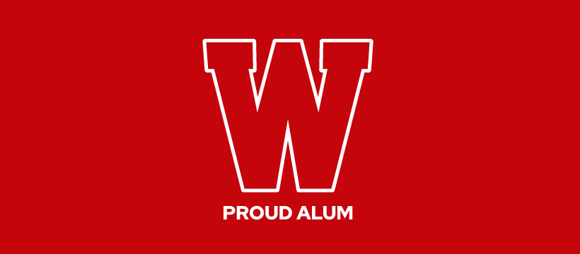 White Wisconsin crest with the words "proud alum" in front of a red background