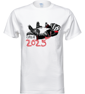 White t-shirt with a badger holding their grad cap and text that reads "class of 2025" in black and red