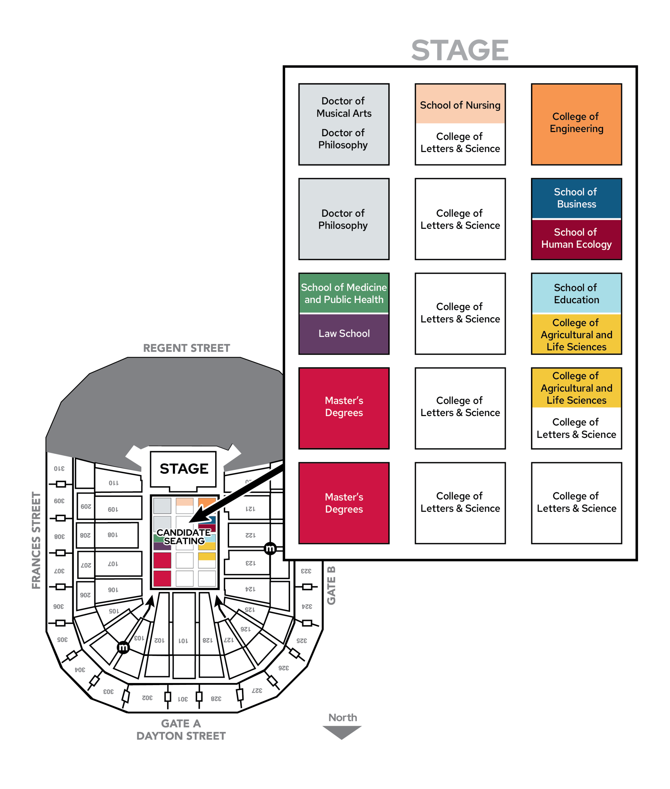 Map of the Kohl Center showing color-coded seating sections for each program, with the stage at the front and graduate seating arranged directly in front of it.