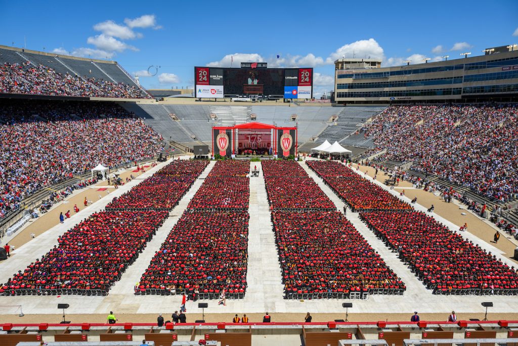 Wide shot of the expansive rows of graduate seating in Camp Randall