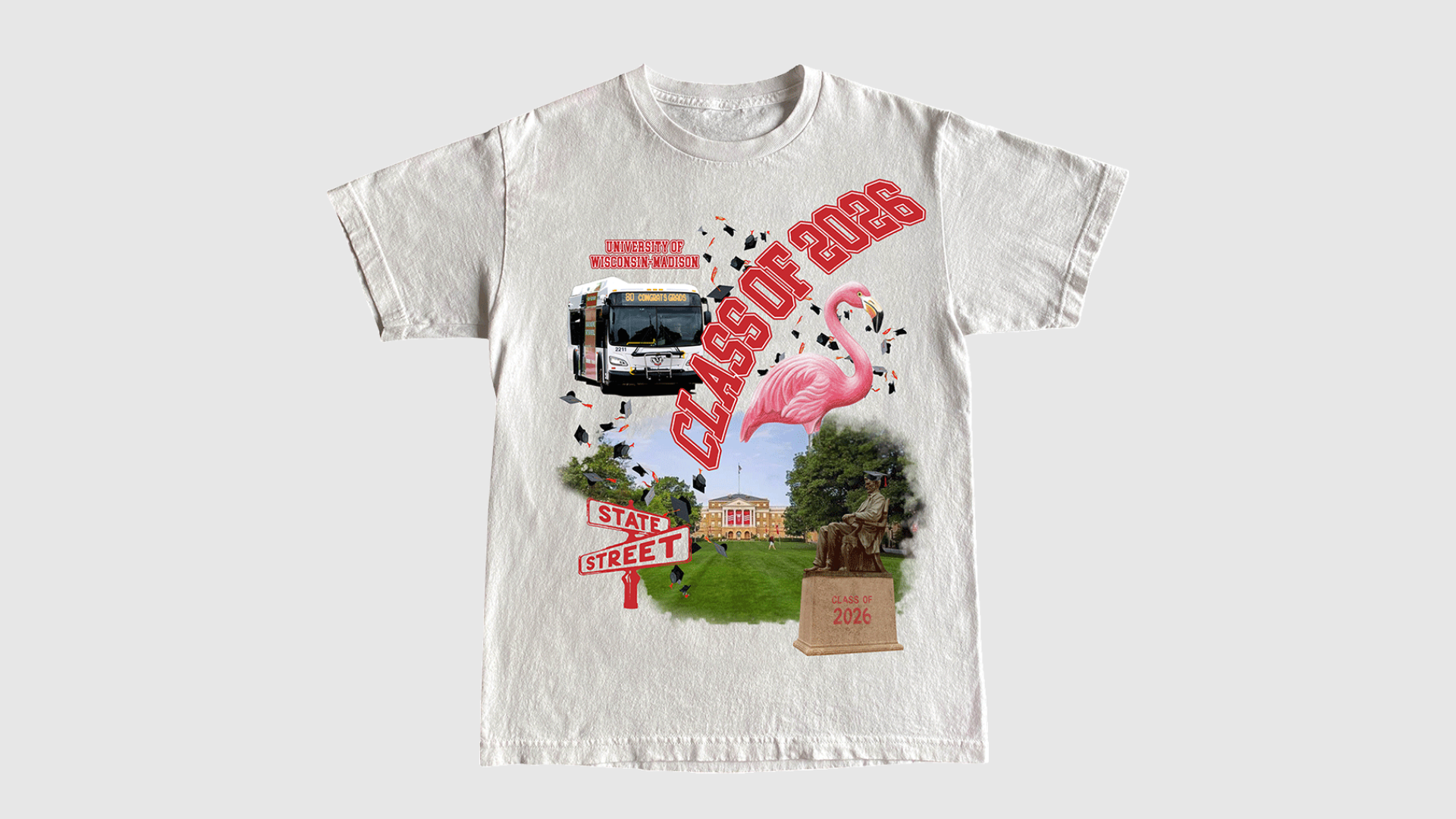 A light gray t-shirt for the Class of 2026 features iconic University of Wisconsin–Madison imagery including the Route 80 bus, a flamingo,  State Street sign, Bascom Hall, Abraham Lincoln statue, and graduation caps.