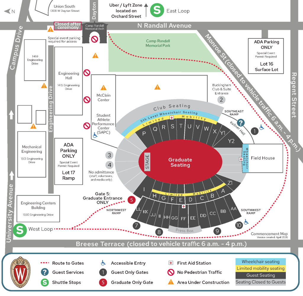 Camp Randall wayfinding map for Spring 2026 Commencement showing construction zones and pedestrian walkways.