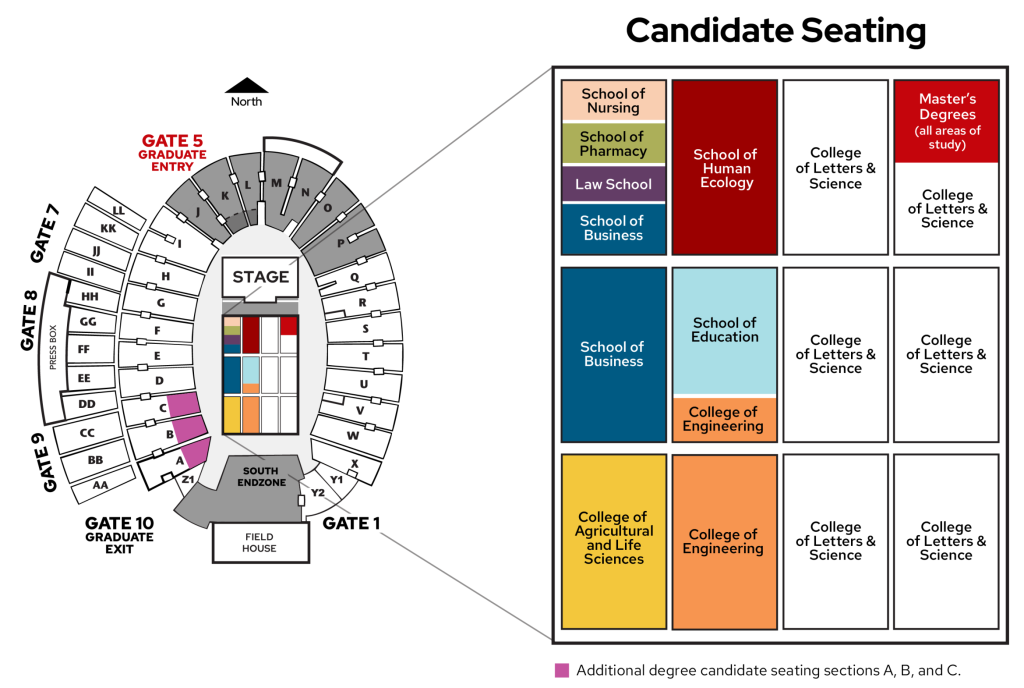 A map showing graduate seating at Camp Randall Stadium.
