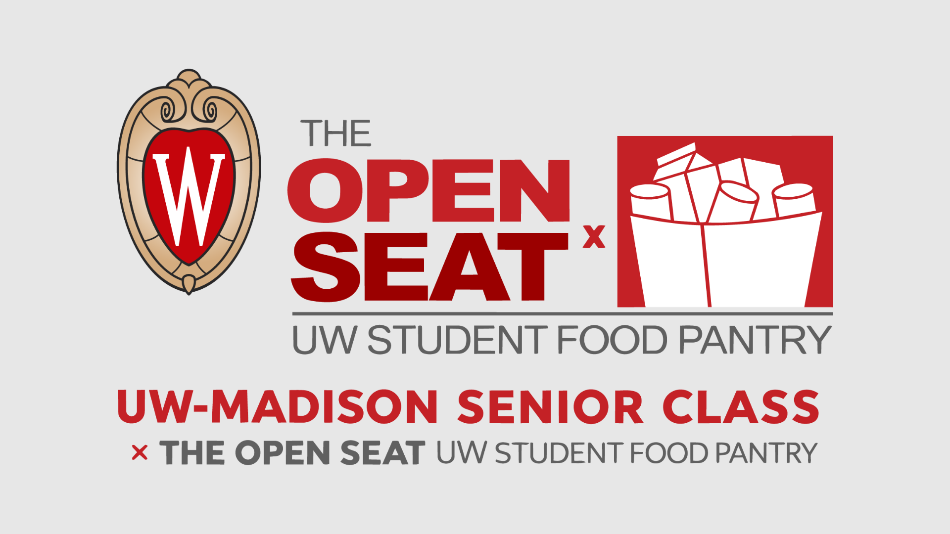 Logo for the Open Seat, a UW student food pantry. The logo features red text, the UW–Madison crest, and a bag of groceries. 