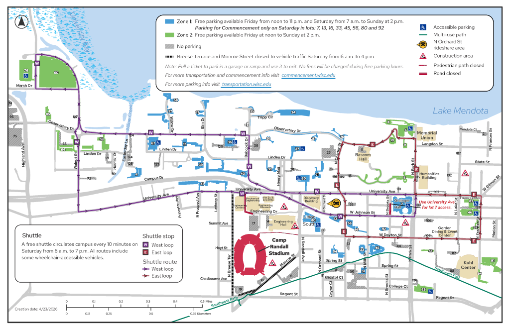 A map of the central portion of the UW–Madison campus showing parking lots and shuttle routes for spring 2026 commencement weekend. 
