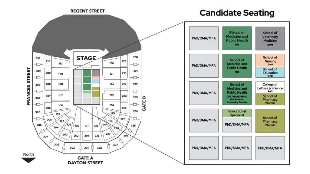 Map showing graduate seating locations on the floor of Kohl Center for UW–Madison's Spring 2026 Commencement Ceremony.